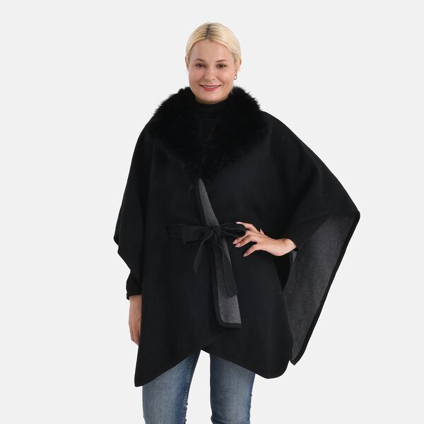 LA MAREY - Poncho mit Kunstfellkragen und G&uuml;rtel, One Size, Schwarz image number 0