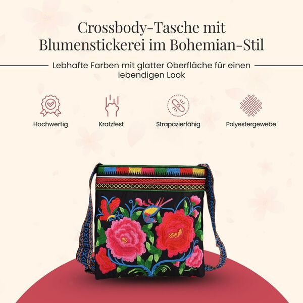 Crossbody-Tasche mit floraler Stickerei, ethnischem Boho-Muster, 23×24 cm, Schwarz-Bunt image number 2