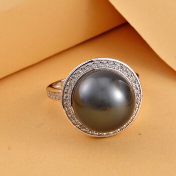 13-14mm Tahiti Perle und Zirkon Ring - 1,04 ct.