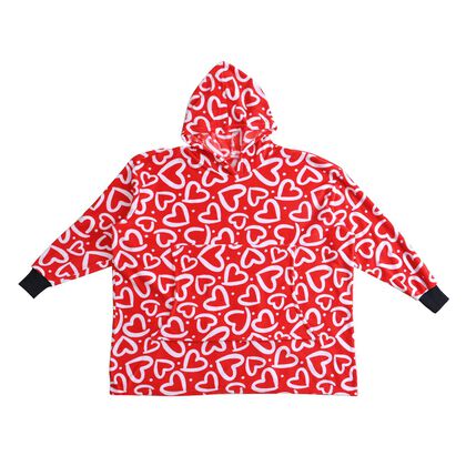 Flauschiger Flanell Hoodie mit gro&szlig;er Tasche, 96x89cm, rote herz