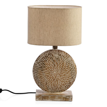 NAKKASHI - Handgeschnitzte Tischleuchte aus Mangoholz, inkl. Lampenschirm, Natur