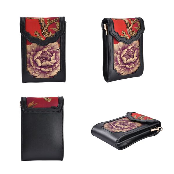 Luxury Edition: Seidenbrokat Handytasche aus echtem Leder und Satin Geschenbox, RFID, Pfingstrose image number 3