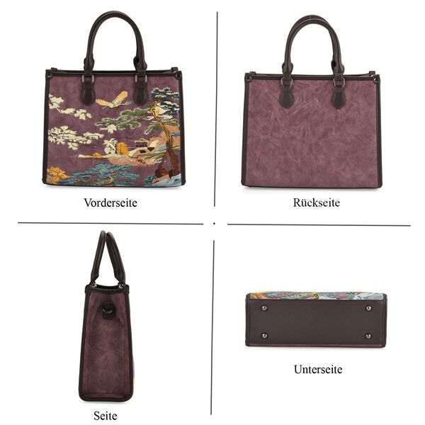 Bestickte Crossbody Tasche, Kunstleder, Blumen Design, 32 x 12 x 25 cm, Dunkelviolett image number 4