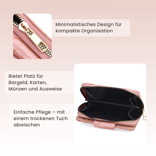 Elegante Geldbörse mit Krokoprägung, RFID-Schutz, 14,5×9,5cm, Rosa image number 3