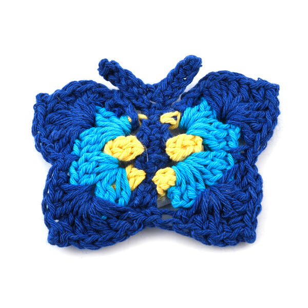 Handgefertigte Brosche mit H&auml;kelarbeit Schmetterling Design, Blau