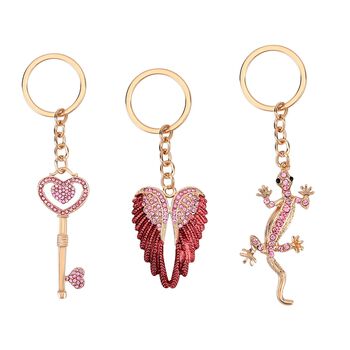 3er Set - Schl&uuml;sselanh&auml;ngern inklusive Muster (Gecko, Fl&uuml;gel und Herz), Rosa Kristall mit Gold