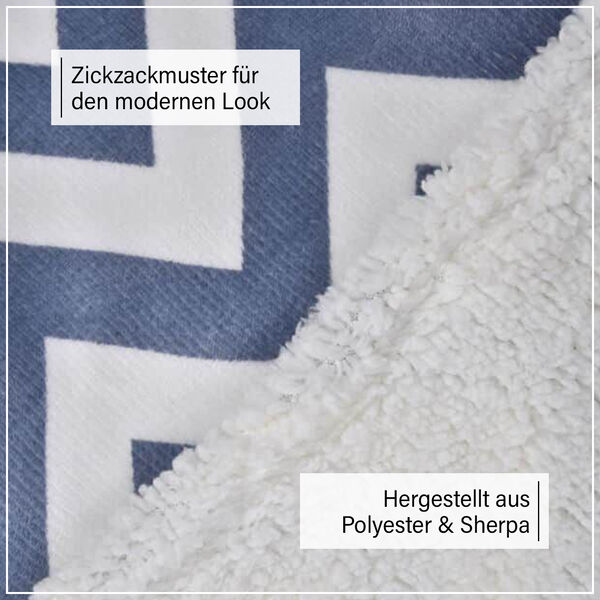 HOMESMART Zig-Zag Print Hoodie-Sherpa-Decke mit Pom Pom, Blau und wei&szlig; image number 8