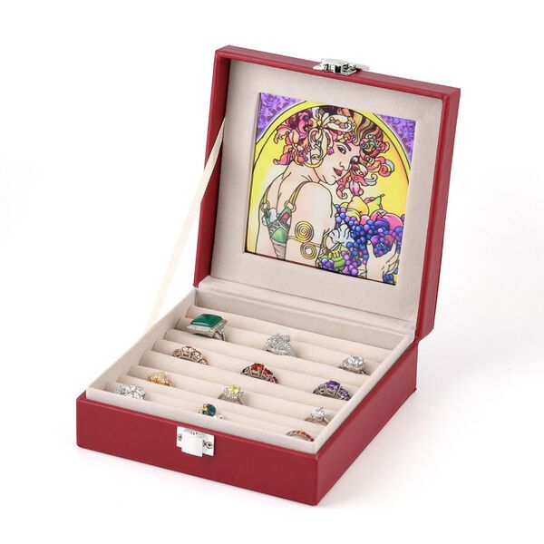 "PU with Suncatcher glass window Ring box,  Size:15.5x15.5x5.5cm, center glass size:11.5cmD, Material: PU+Glass Weight: about 297g. Color: Wine Red" image number 4