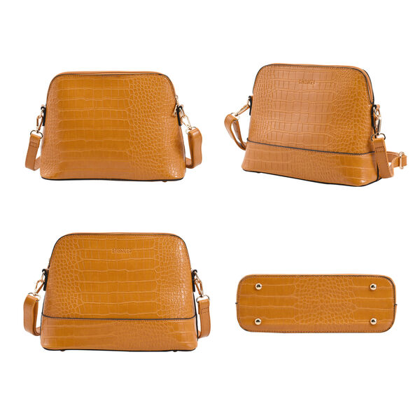 Passage - 4er-Set, Handtasche, Crossbody Tasche, Clutch und Brieftasche mit Kroko-Prägung, Blumenmuster, Senfgelb image number 4