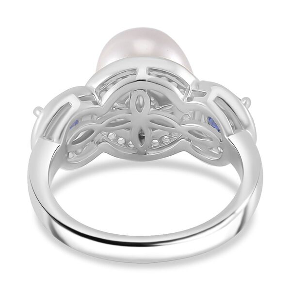 Weiße Muschelkernperle, Kyanit Ring 925 Silber platiniert (Größe 16.00) image number 4