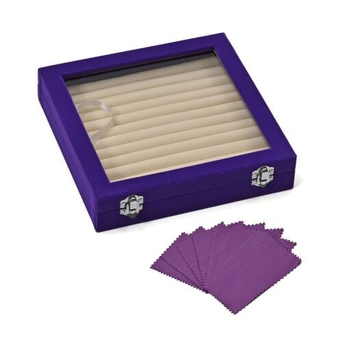 Quadratische Ringbox aus Samt mit Glasfenster und 10 Silberputztüchern, mit Sicherheitsverschluss, 24x24x5 cm, Violet