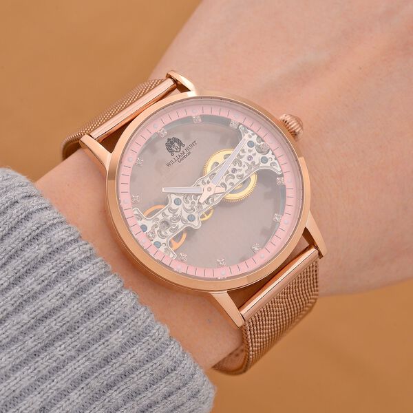 WILLIAM HUNT Wasserdichte Uhr mit Automatikwerk und Netzarmband in Goldton, 24cm image number 2