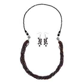 2er Set mehrschichtiger Halsketten und Ohrringe, Graue, schwarze Kristallperlen und weiße Kristalle