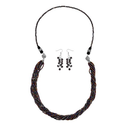 2er Set mehrschichtiger Halsketten und Ohrringe, Graue, schwarze Kristallperlen und weiße Kristalle image number 0
