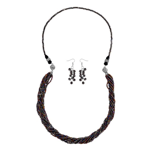 2er Set mehrschichtiger Halsketten und Ohrringe, Graue, schwarze Kristallperlen und wei&szlig;e Kristalle