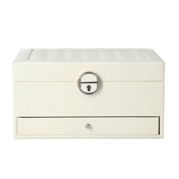 3-lagiges PU-Leder-Schmuckk&auml;stchen, herausnehmbare Elemente und Schloss, kariertes Steppmuster, wei&szlig; image number 1