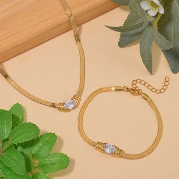 2-teiliges Schmuckset, Halskette und Armband mit Wei&szlig;er Kristallen, Edelstahl goldfarben