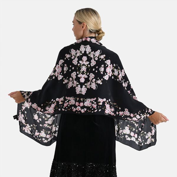 LA MAREY Signature Seidenschal aus 100% Maulbeerseide, 55 x 170 cm, Schwarz Floral image number 2