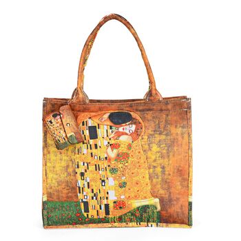 Bedrucktes Tote-Bag- und Geldb&ouml;rsen-Set - 2-teiliges Set mit Klimt-Motiv, robustem Polyester, 40 x 35 x 2,5 cm, Gelb