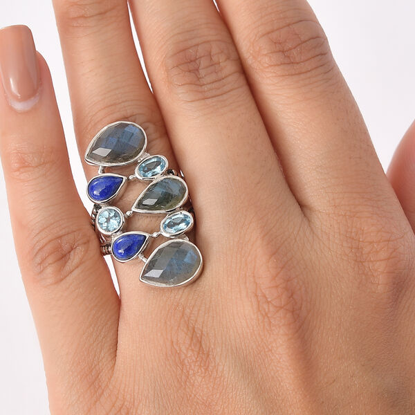 Sajen Silber - Labradorit, Blauer Quarz, Lapislazuli Ring 925 Silber rhodiniert (Größe 17.00) ca. 8.59 ct image number 3