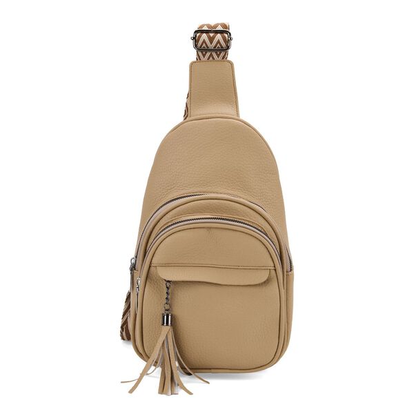 Brusttasche aus Kunstleder, mit mehreren Reißverschlussfächern und verstellbarem Schulterriemen, 30x19x10 cm, Beige