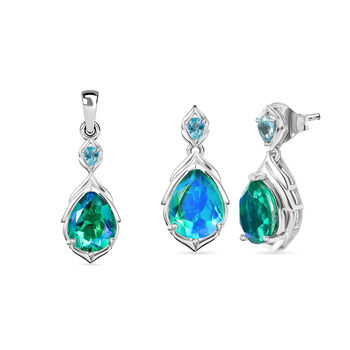 D'Joy Pfau Triplett Quarz und blauer Apatit Anh&auml;nger und Ohrringe