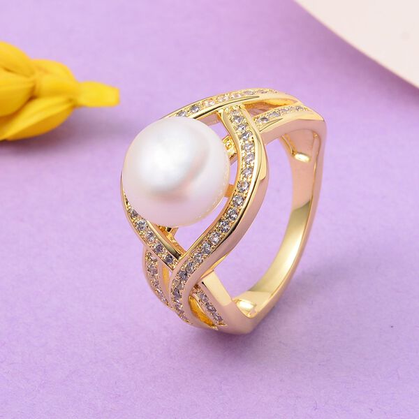 Wei&szlig;e S&uuml;&szlig;wasser Perle, Wei&szlig;er Zirkonia Ring, Messing (Gr&ouml;&szlig;e 16.00) ca. 0.80 ct image number 2