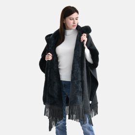 LA MAREY - Poncho aus Webpelz mit Fransen und Fleecefutter, Einheitsgröße, Grau