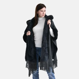 LA MAREY - Poncho aus Webpelz mit Fransen und Fleecefutter, Einheitsgröße, Grau