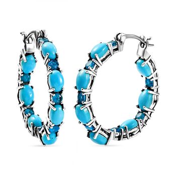 Amerikanische, nat&uuml;rliche Sleeping Beauty T&uuml;rkis und Neon Apatit-Creolen, 925 Silber platiniert ca. 8.74 ct