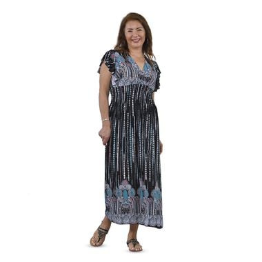 Midaxi-Kleid mit gesmokter Taille und Flatterärmeln, One Size, Schwarz und blau