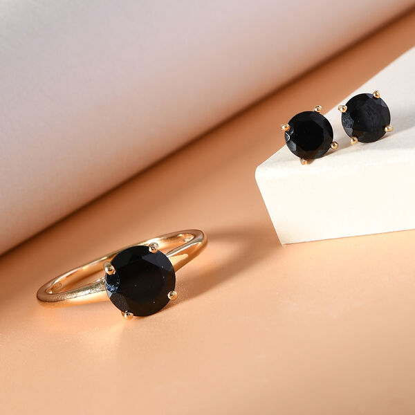 2er - Set Schwarzer Spinell Solit&auml;r Ring und Ohrstecker 925 Silber vergoldet ca. 2,88 ct image number 2