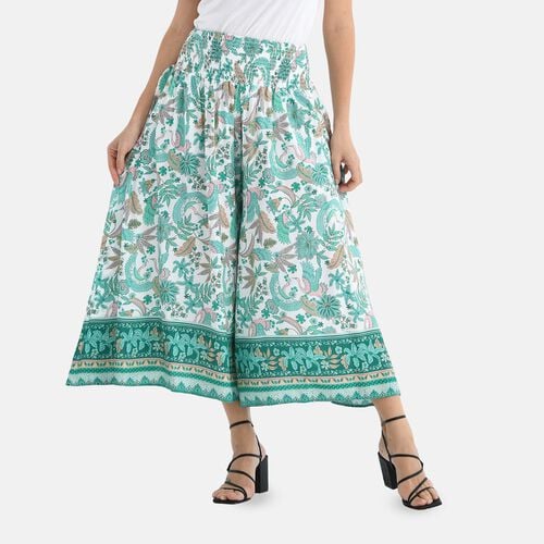 Gesmokte Taillen-Culottes mit Damastmuster, locker, bequem, elastischer Bund, 100 % Viskose, Einheitsgröße, Beige