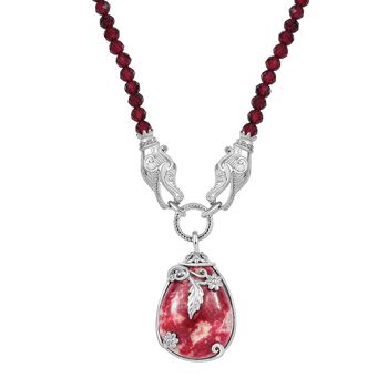 AA Norwegischer Thulit, Rhodolith Granat Halskette, ca. 45 cm Silberfarben, ca. 80.56 ct