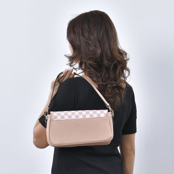 Designertasche mit Karo-Muster, Kunstleder mit abnehmbarem Riemen, Größe 27,5x8x15 cm, Nude image number 3