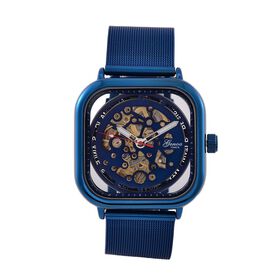 GENOA TIME V2 42mm Automatische Mechanikuhr - Schwarzes hohles Zifferblatt, Gehäuse aus Legierung mit IPS-Beschichtung, Edelstahl-Mesh-Armband, 3 ATM wasserdicht, Reiner Edelstahl, 8.5 cm, blau