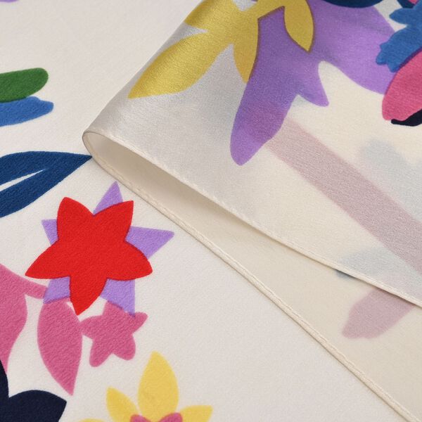 LA MAREY 100% Maulbeerseiden Schal, Wei&szlig; mit bunten Bl&uuml;ten image number 3