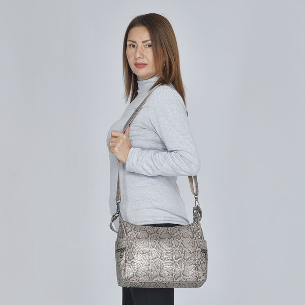 Hobo-Tasche aus 100% echtem Leder, Schlangenhautmuster, Khaki image number 2