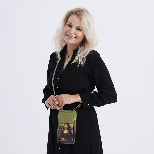 PU Handytasche mit RFID-Schutz, 20x11x2cm, Grün und braun mit Mona-Lisa-Muster image number 3