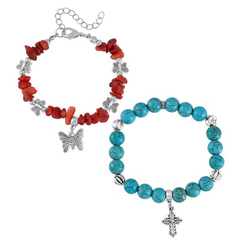 Blauer Howlit, Rote Koralle Schmuckset  Legierung Schwarz oxidiert ca. 161.00 ct image number 0