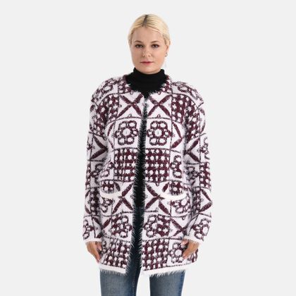 Gemusterter Cardigan mit Taschen, Einheitsgr&ouml;&szlig;e, Retro-Muster, Weinrot