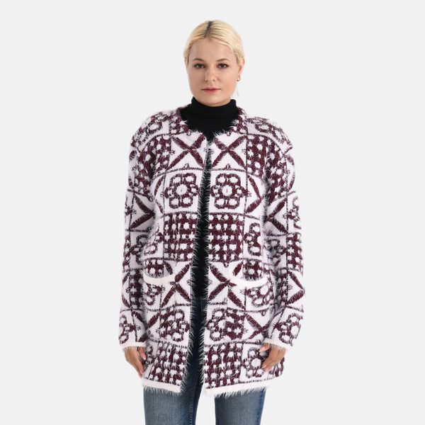 Gemusterter Cardigan mit Taschen, Einheitsgröße, Retro-Muster, Weinrot image number 0