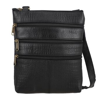 Echtleder Crossbody Tasche mit Kroko-Pr&auml;gung, Schwarz