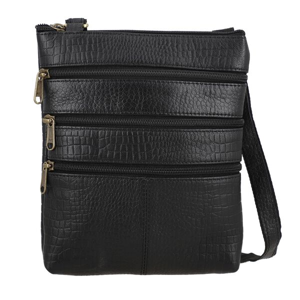 CLOSE OUT - Echtleder Crossbody Tasche mit Kroko Prägung, Multi-Fächer, 20 x 24 cm, Taupe