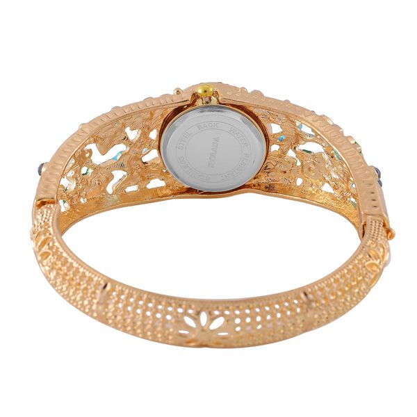 STRADA Bangle-Uhr - Blauer und Wei&szlig;er Kristall, Japanisches PC21S Uhrwerk,  Goldenes Zifferblatt, vergoldet, Edelstahlgeh&auml;use emailliert image number 7