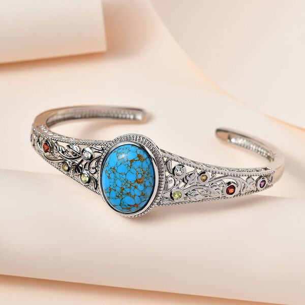 Blaues Türkis, Roter Granat Armreif ca. 19 cm Reines Messing platiniert ca. 16,08 ct. image number 2