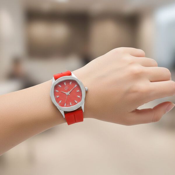 STRADA - Uhr mit japanischem Uhrwerk, silbernem Geh&auml;use und rotem Silikonarmband image number 3