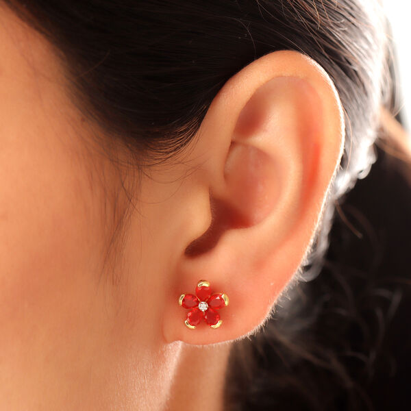 Mexikanischer Kirschfeuer-Opal und Zirkon Ohrringe 925 Silber vergoldet ca. 1,06 ct image number 3