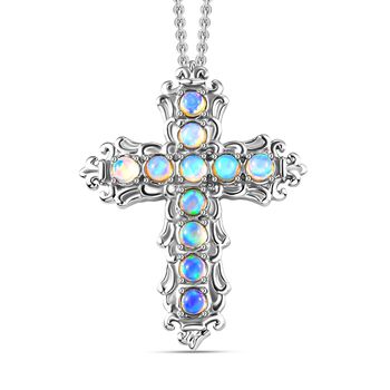 Nat&uuml;rlicher, &auml;thiopischer Welo Opal Kreuz-Anh&auml;nger mit Kette, Edelstahl ca. 0.89 ct