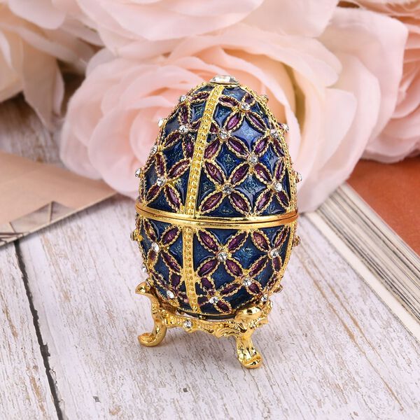 Handgemachte Ei-förmige Schmuckdose mit Blumenverzierung, aus Metall und Kristall, magnetischer Verschluss, 4x7 cm, Blau image number 2